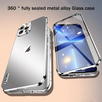 Za iPhone 14 13 12 Pro Max Primeru 360° Polno Zaprti Kovinski Aluminij Zlitine HD Stekla Magnetni Adsorpcije Varstvo Telefon Kritje Slike
