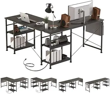 Oblikovan Desk Kotu za Mizo,95 Palčni Reverzibilna Domače pisarne z Skladiščne Police, Velik Računalnik, Igralno Mizo z električno Vtičnico, Slike